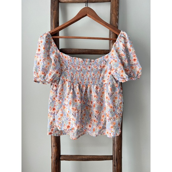 Becool Floral Babydoll Top Smocked Square Neck Puff Sleeve Blouse Cute size L - Picture 2 of 6